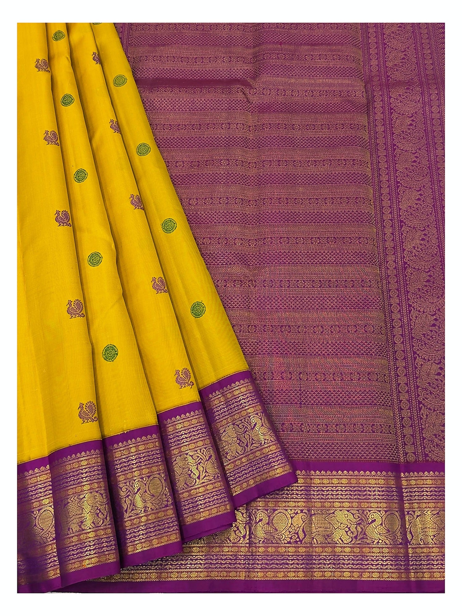 Handwoven Kanchipuram Silk Saree - Mustard Yellow with Magenta Elephant Border