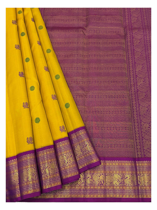 Handwoven Kanchipuram Silk Saree - Mustard Yellow with Magenta Elephant Border