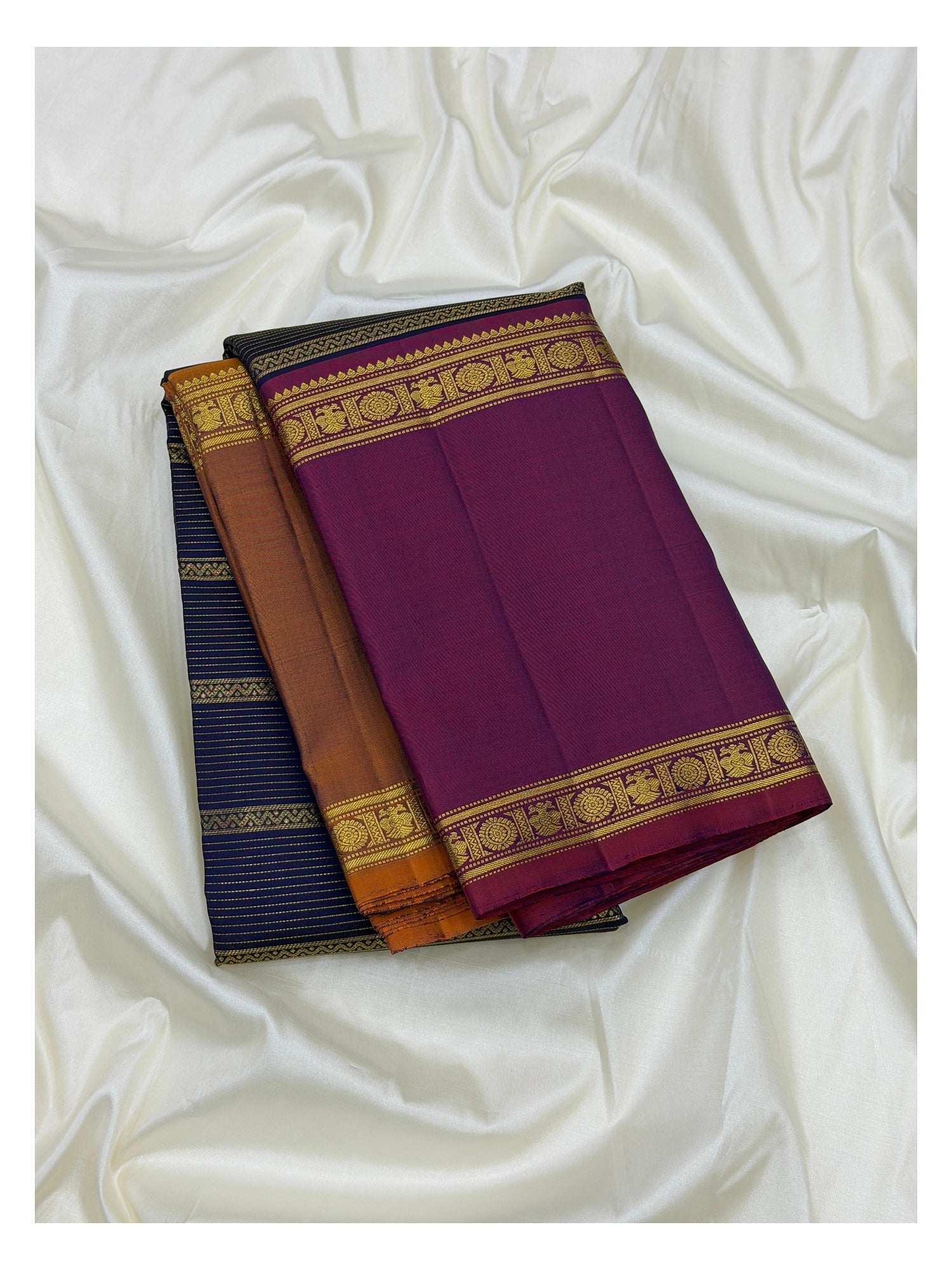 Handwoven Kanchipuram Silk Saree - Navy Blue with Magenta Border front view