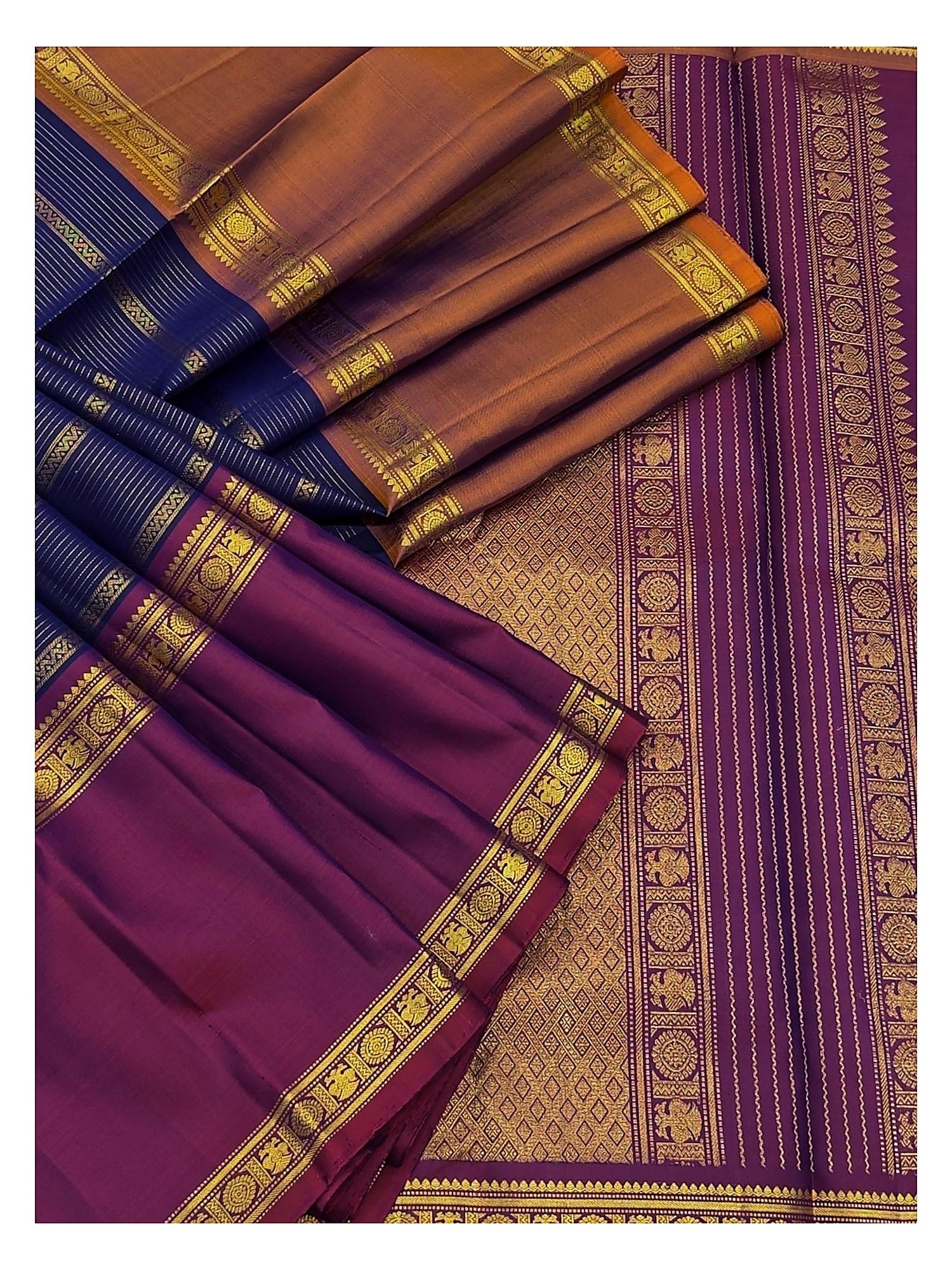 Handwoven Kanchipuram Silk Saree - Navy Blue with Magenta Border front view
