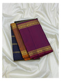 Handwoven Kanchipuram Silk Saree - Navy Blue with Magenta Border front view
