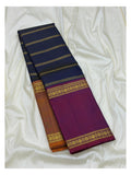 Handwoven Kanchipuram Silk Saree - Navy Blue with Magenta Border