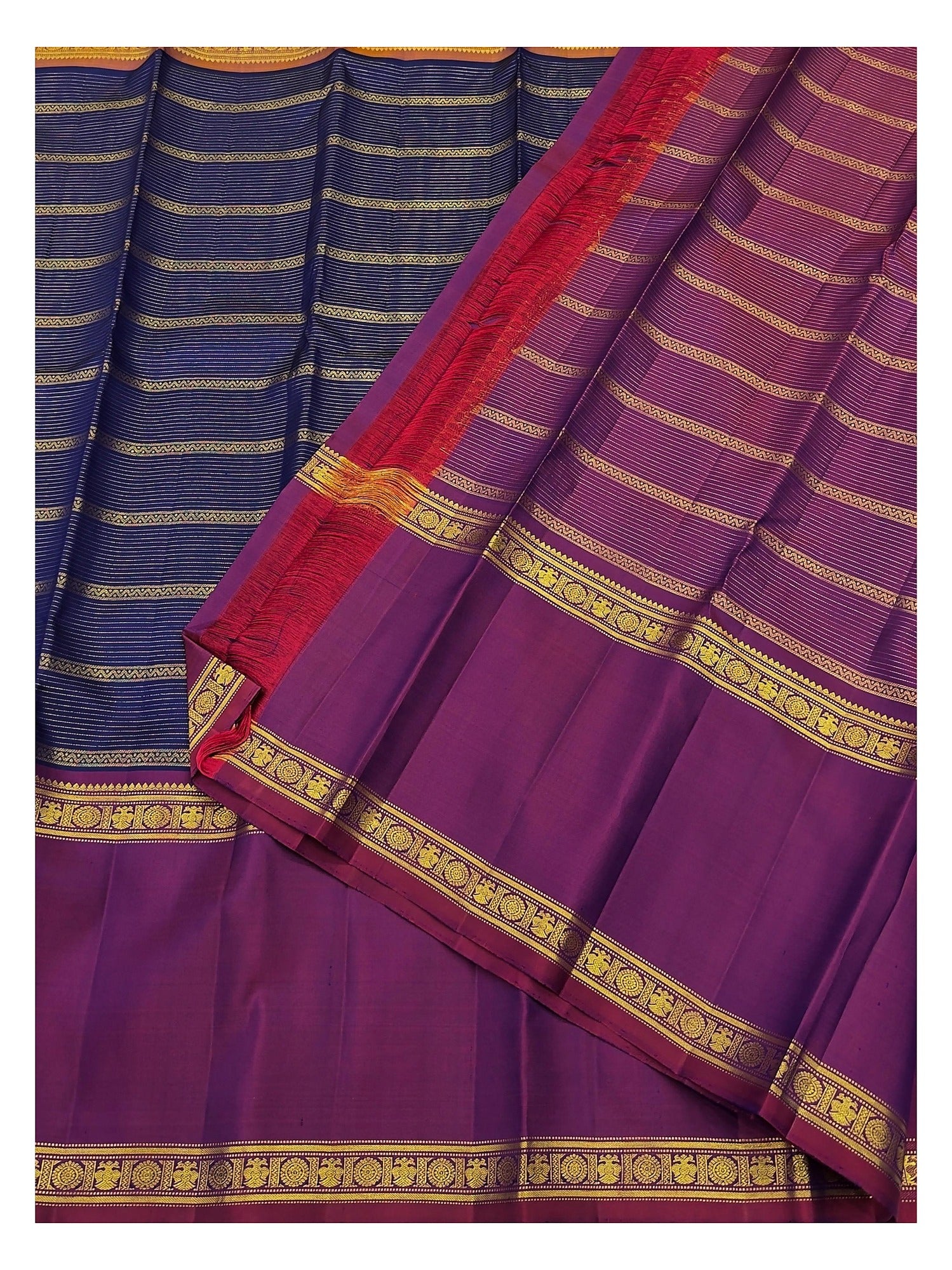 Handwoven Kanchipuram Silk Saree - Navy Blue with Magenta Border