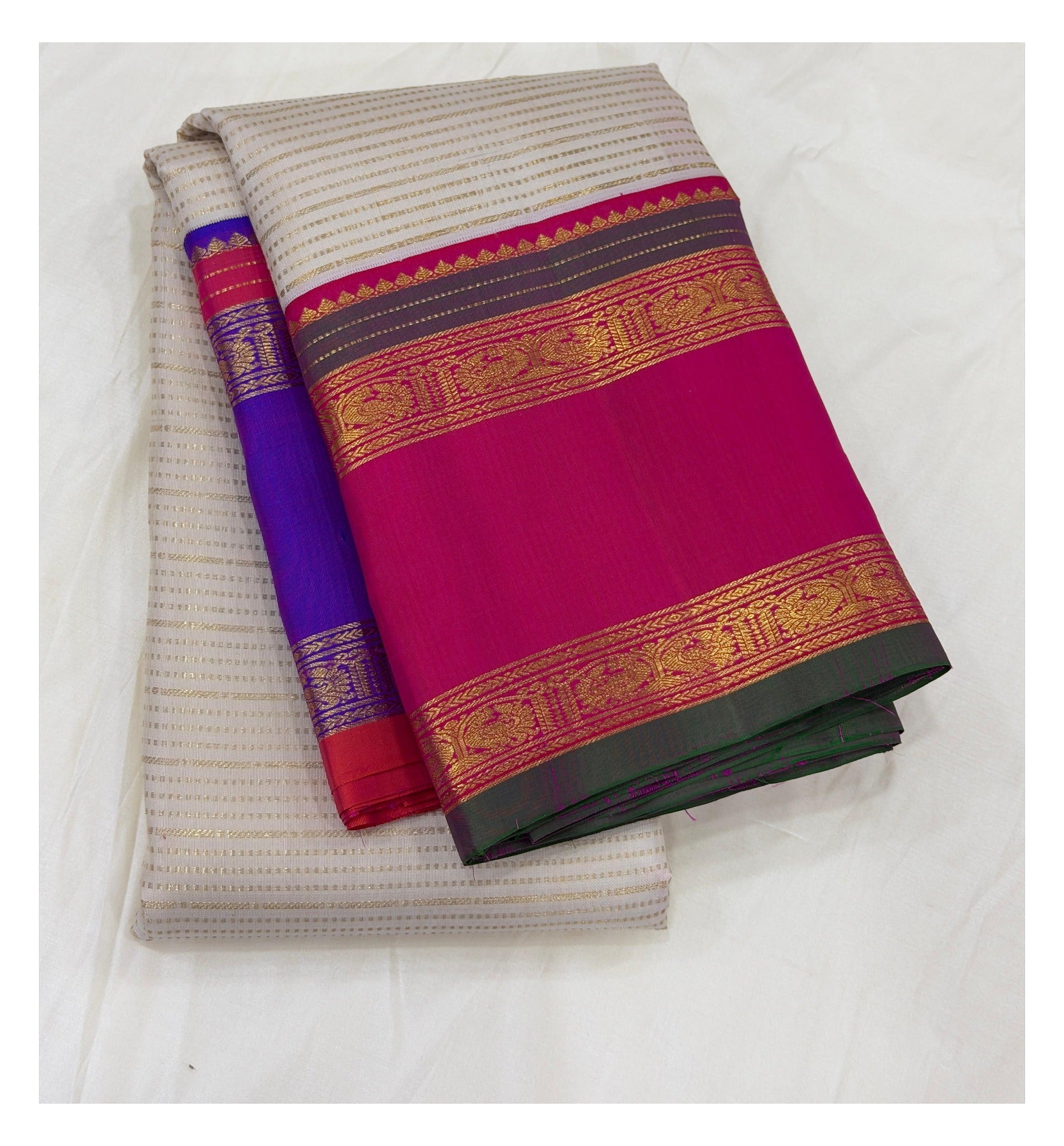 Handwoven Kanchipuram Silk Saree - Off White with Rani Pink Contrast Border front view