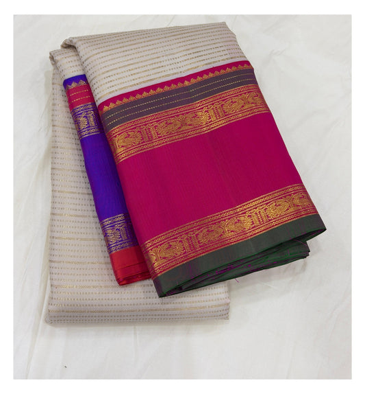 Handwoven Kanchipuram Silk Saree - Off White with Rani Pink Contrast Border front view