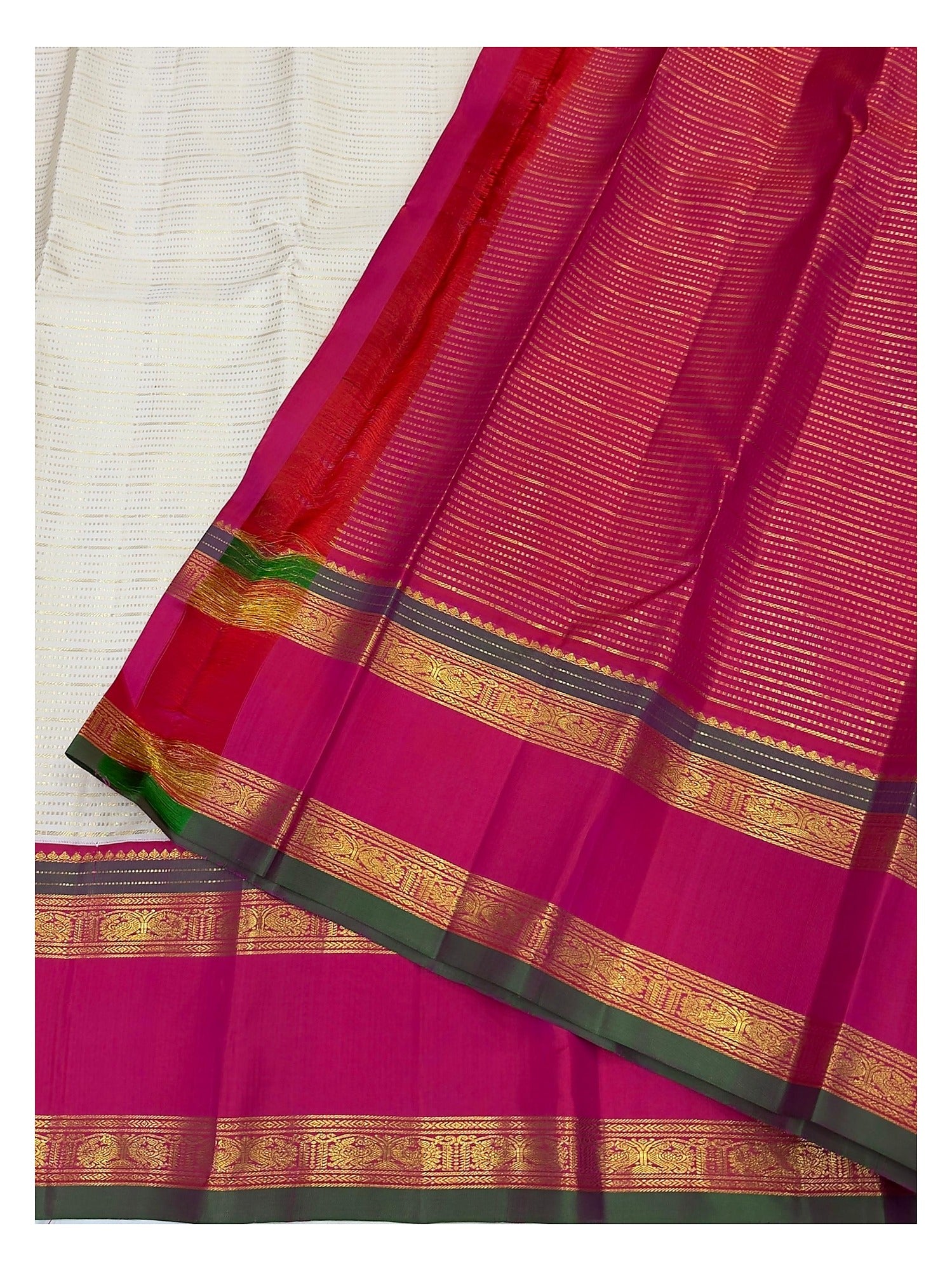 Handwoven Kanchipuram Silk Saree - Off White with Rani Pink Contrast Border
