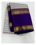 Handwoven Kanchipuram Silk Saree - Off White with Royal Purple Border front view