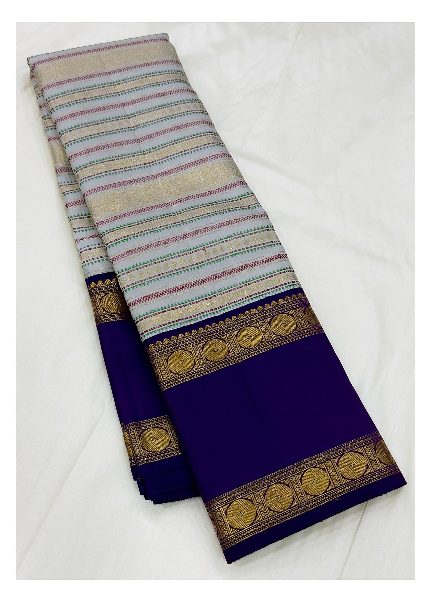 Handwoven Kanchipuram Silk Saree - Off White with Royal Purple Border