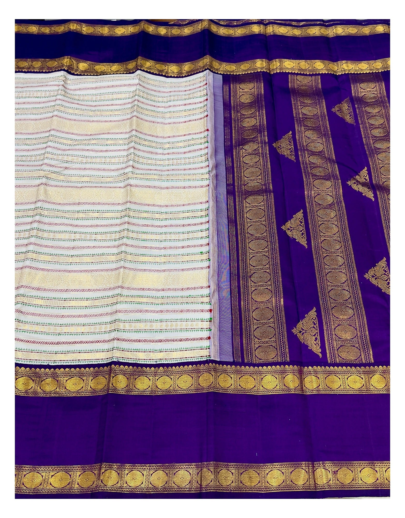 Handwoven Kanchipuram Silk Saree - Off White with Royal Purple Border
