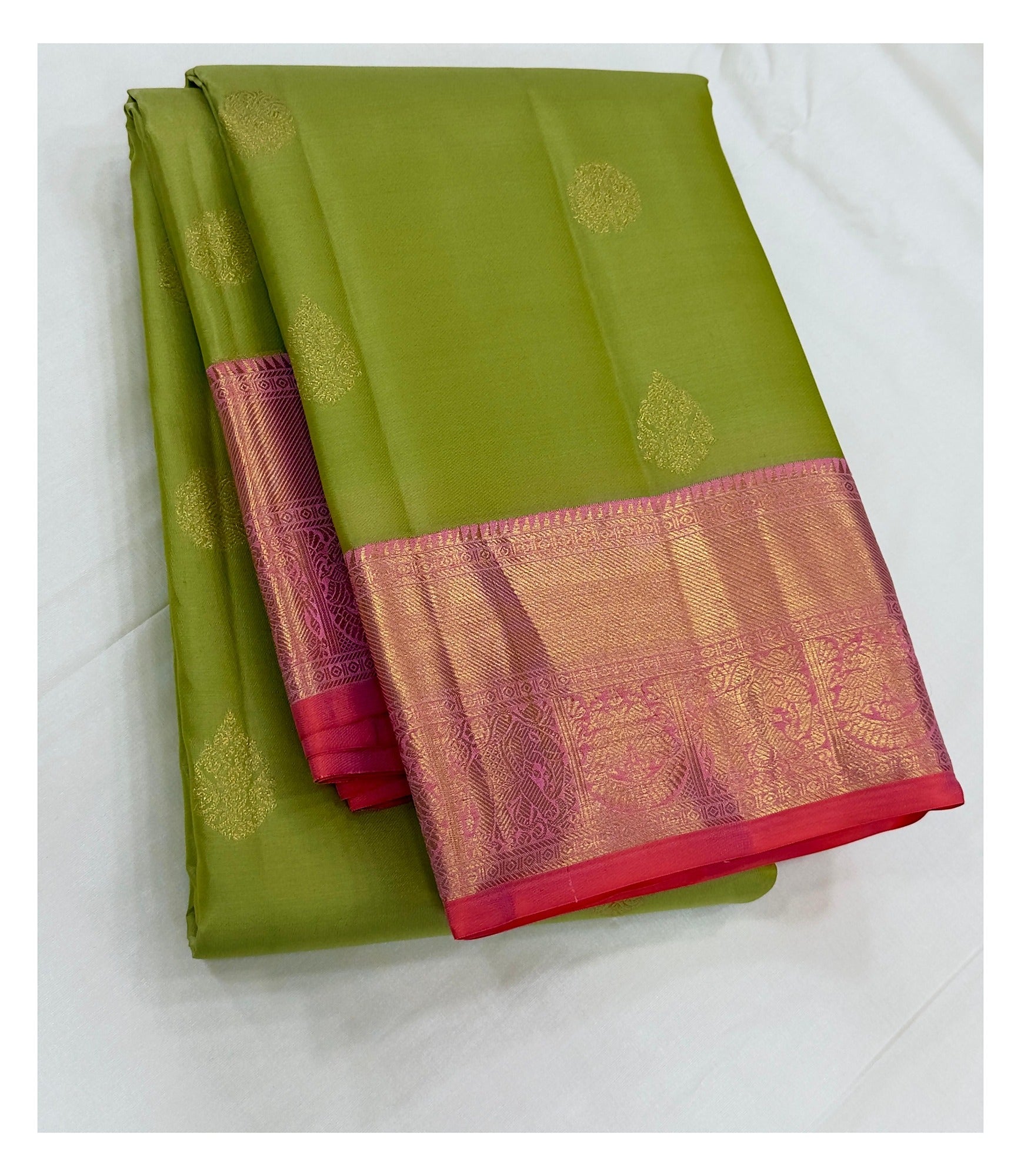 Handwoven Kanchipuram Silk Saree - Olive Green with Contrast Pink Border front view