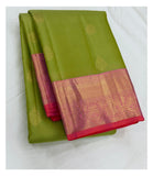 Handwoven Kanchipuram Silk Saree - Olive Green with Contrast Pink Border front view
