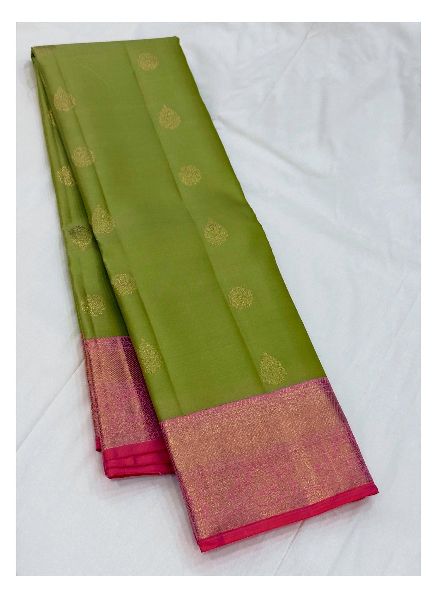 Handwoven Kanchipuram Silk Saree - Olive Green with Contrast Pink Border