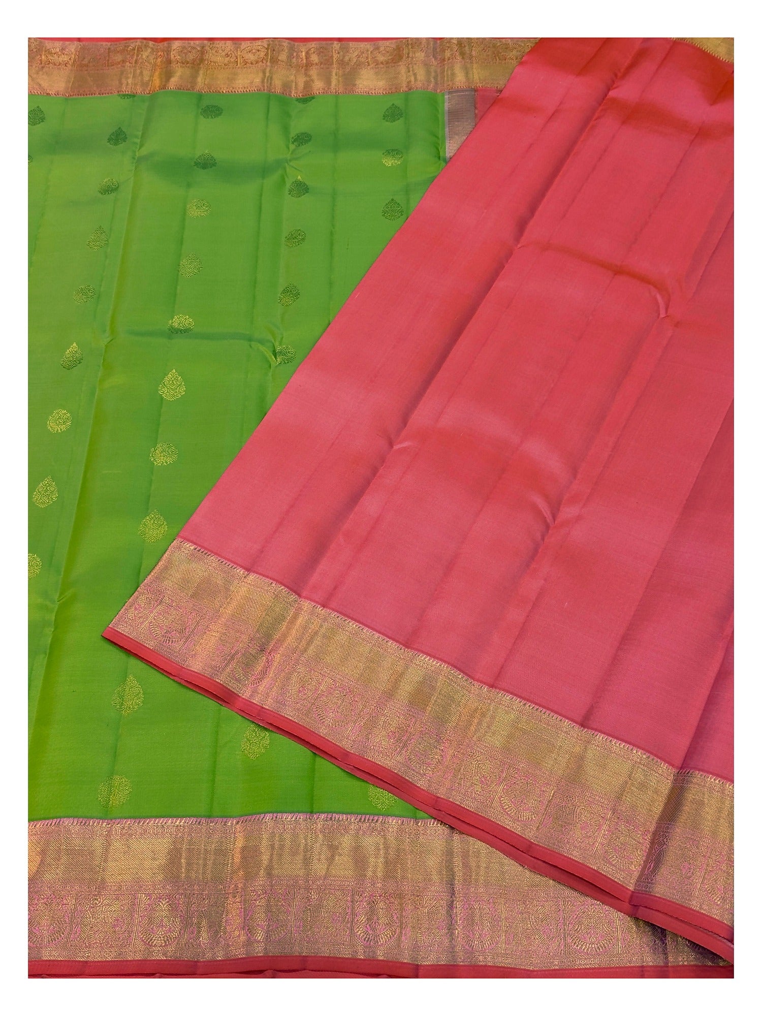Handwoven Kanchipuram Silk Saree - Olive Green with Contrast Pink Border