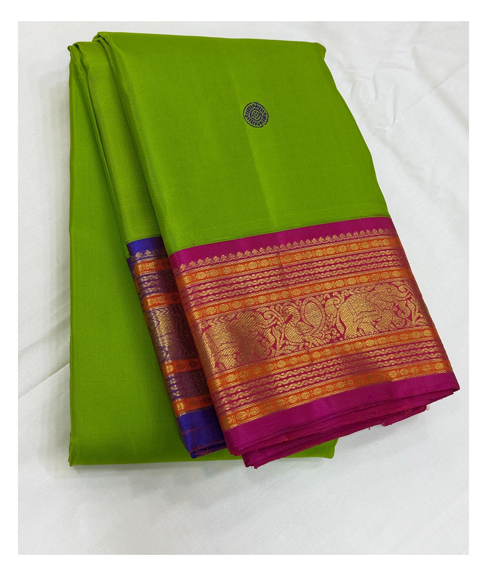 Handwoven Kanchipuram Silk Saree - Parrot Green with Magenta Contrast Border front view