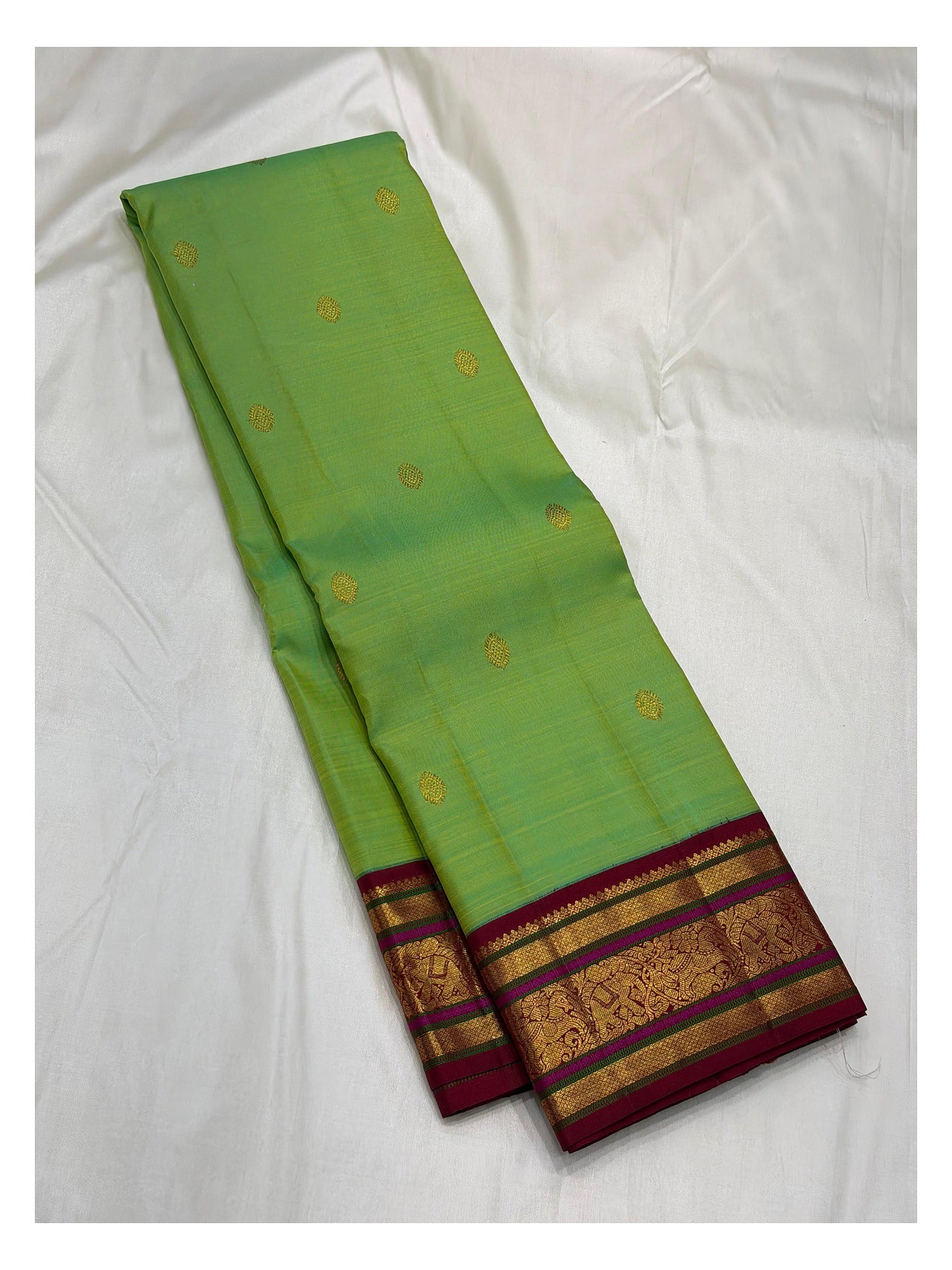 Handwoven Kanchipuram Silk Saree - Parrot Green with Maroon Elephant Border