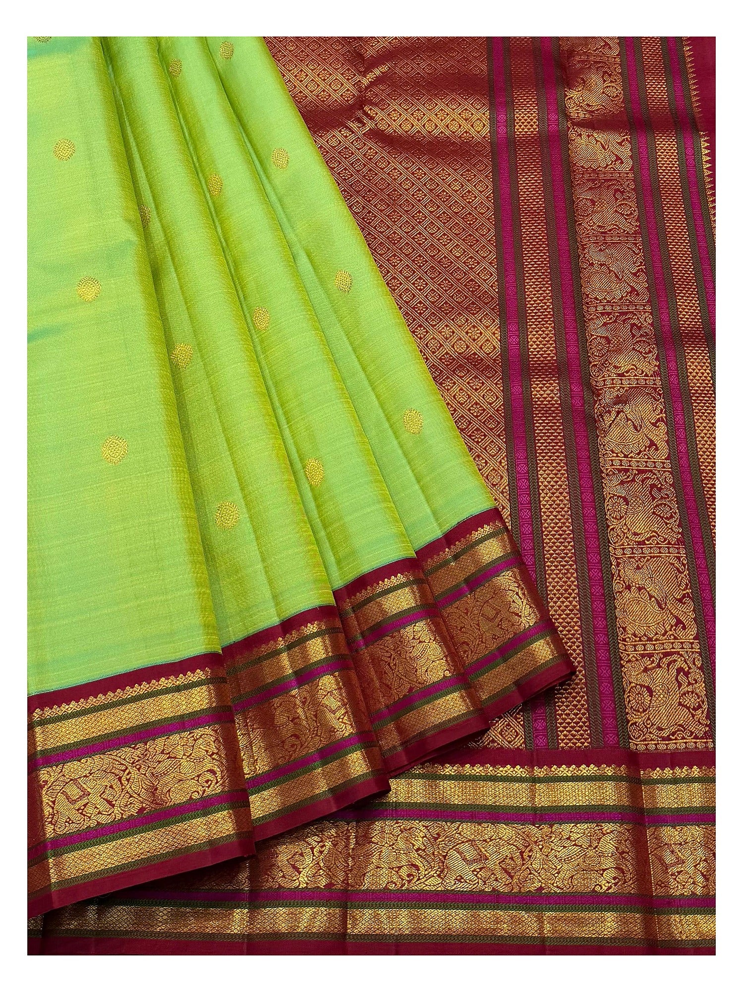 Handwoven Kanchipuram Silk Saree - Parrot Green with Maroon Elephant Border