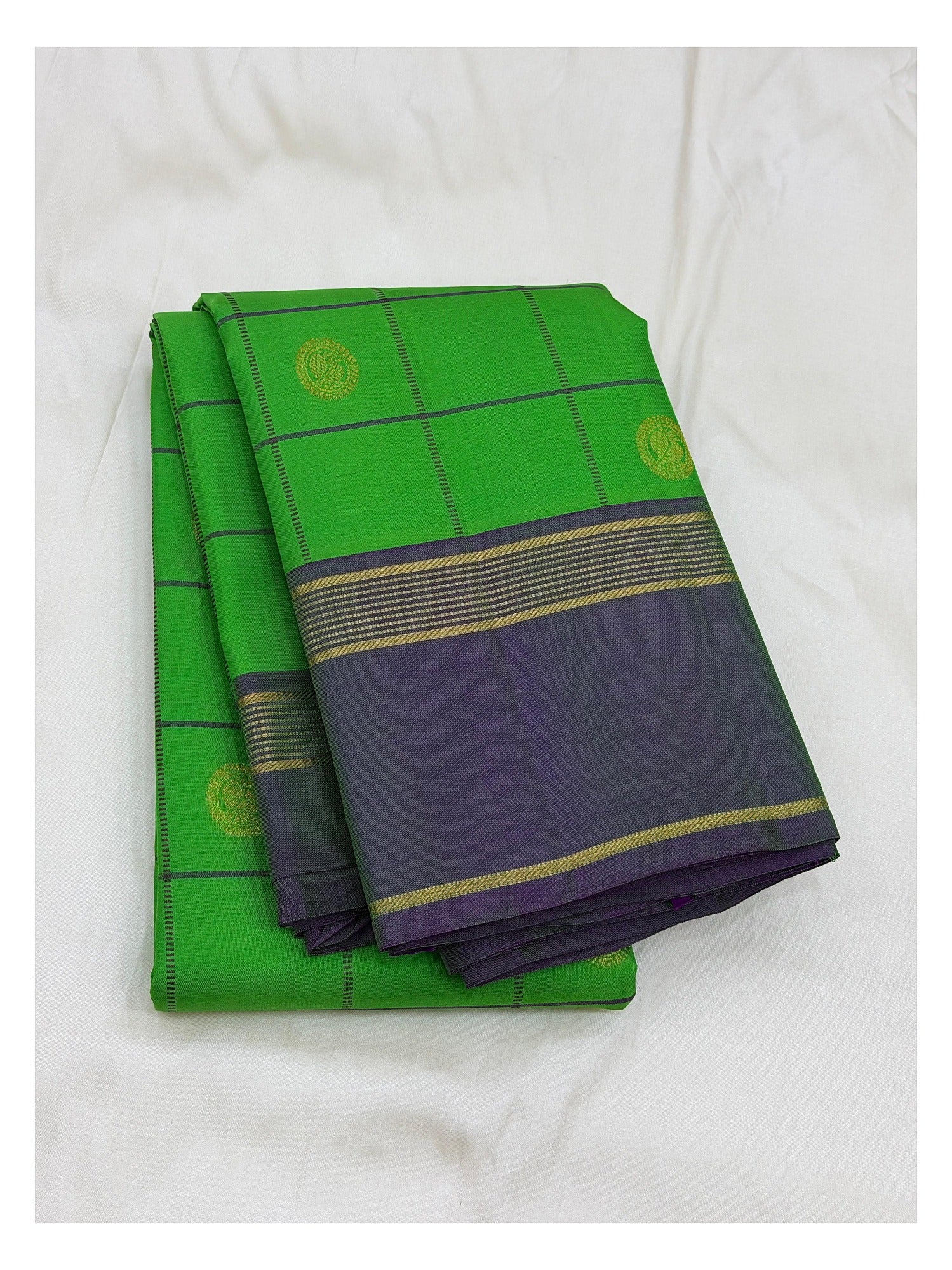 Handwoven Kanchipuram Silk Saree - Parrot Green with Purple Border and Gold Woven Pallu front view