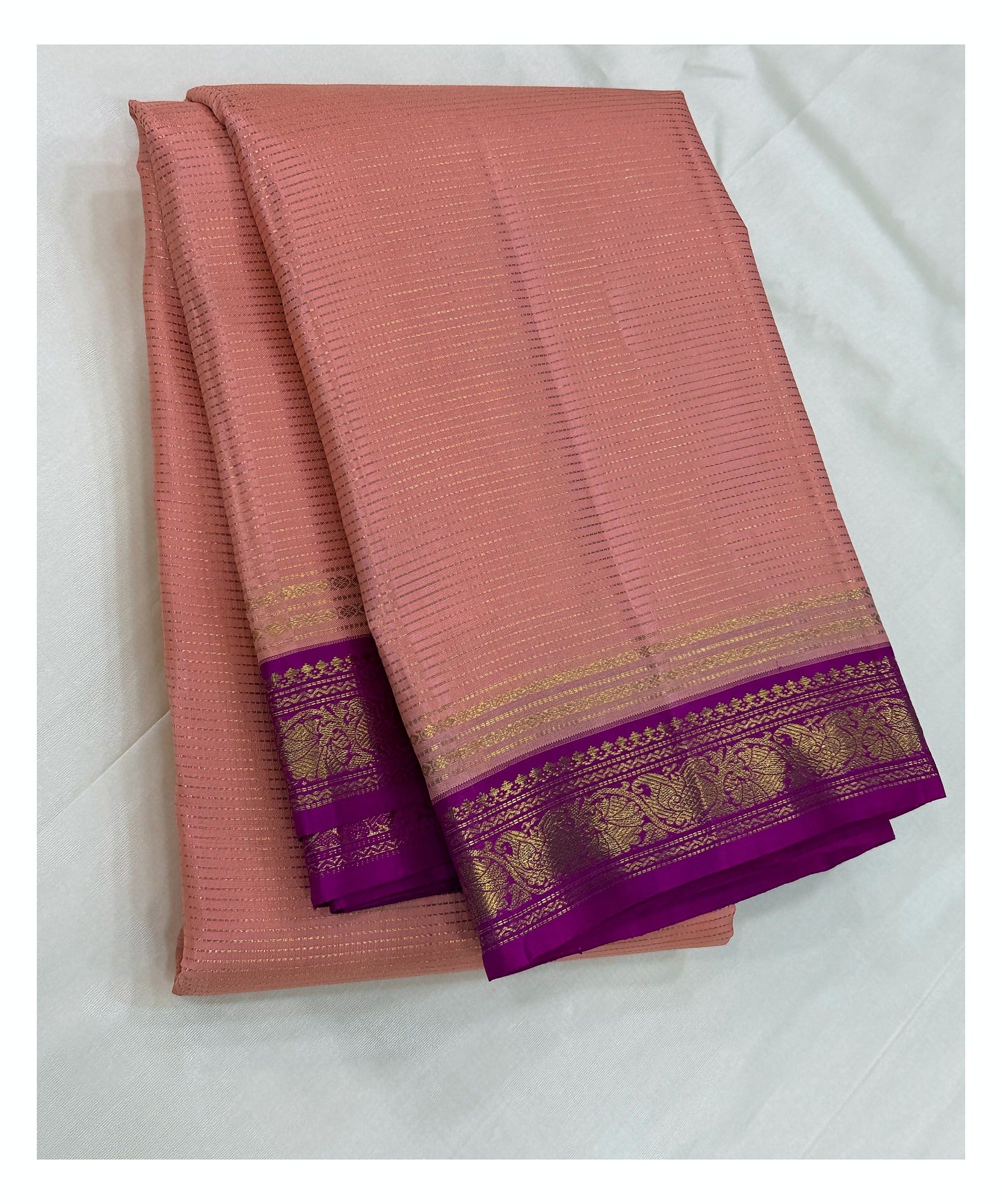 Handwoven Kanchipuram Silk Saree - Peach with Magenta Zari Border front view