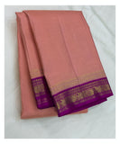 Handwoven Kanchipuram Silk Saree - Peach with Magenta Zari Border front view