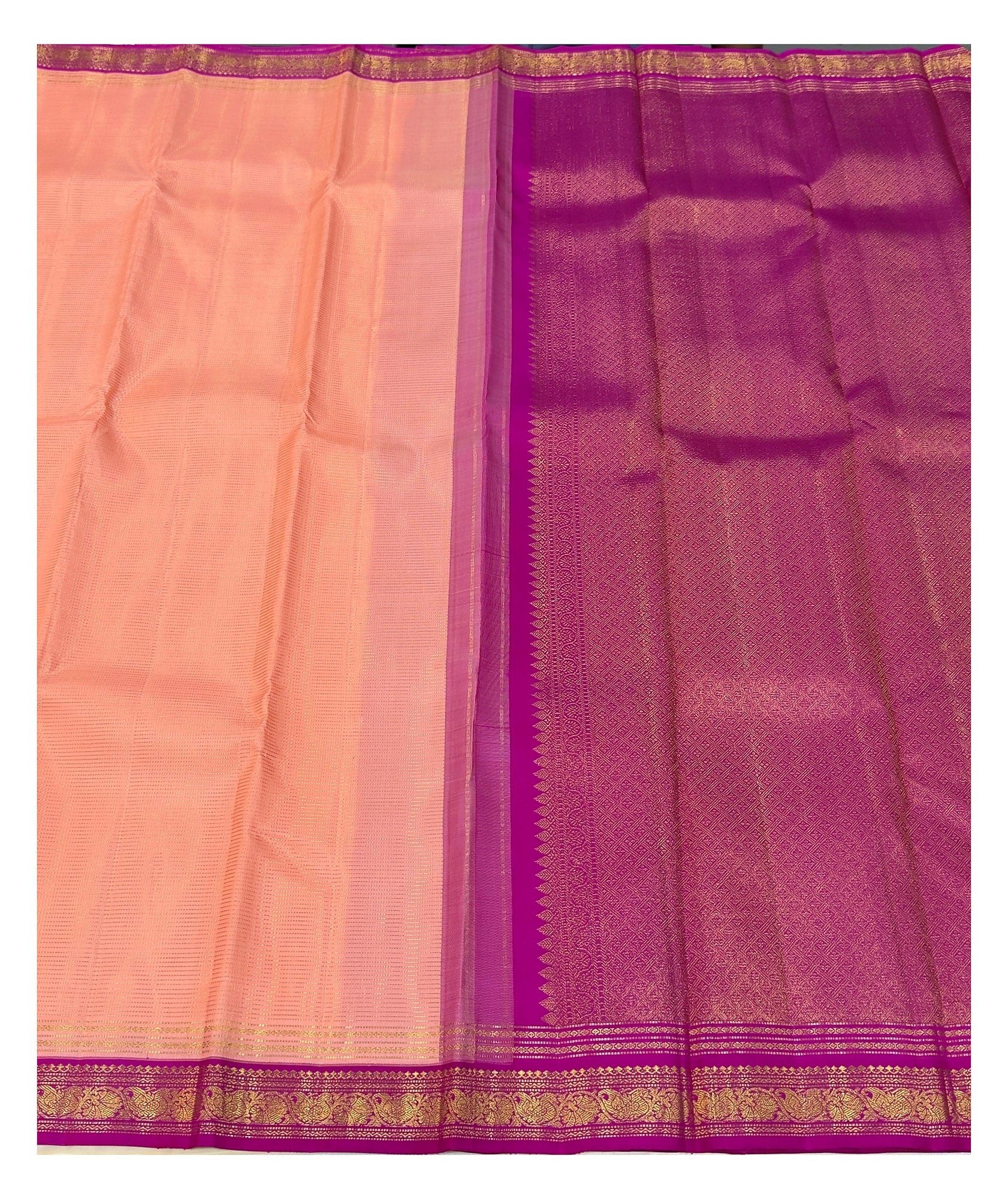 Handwoven Kanchipuram Silk Saree - Peach with Magenta Zari Border
