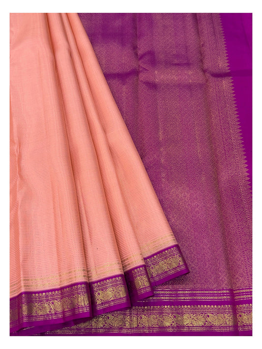 Handwoven Kanchipuram Silk Saree - Peach with Magenta Zari Border