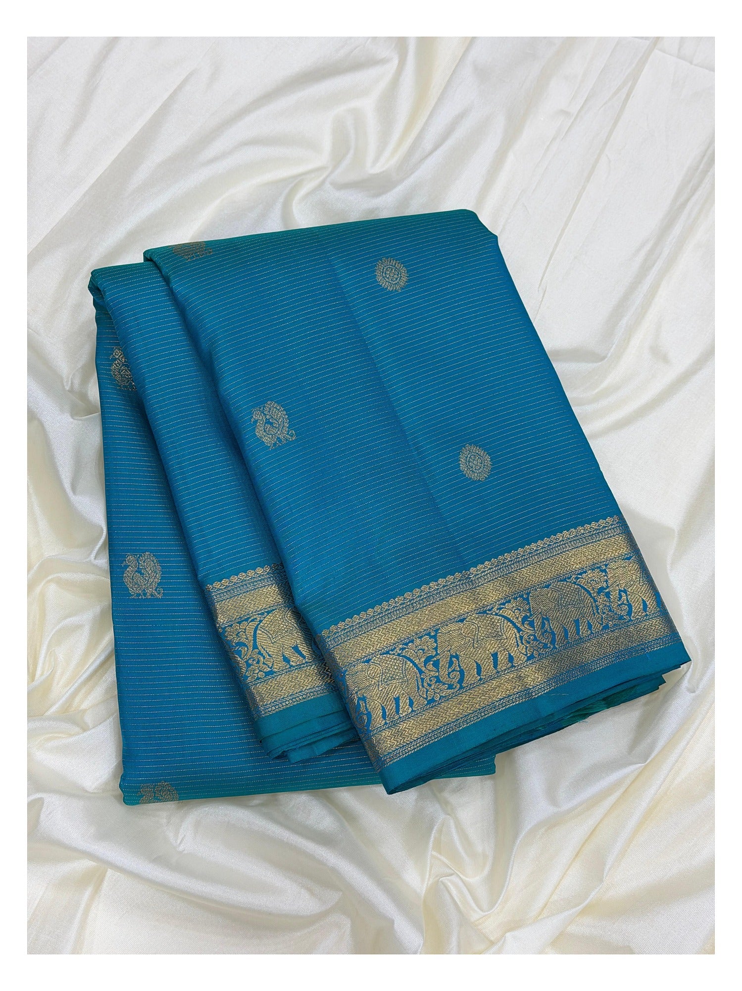 Handwoven Kanchipuram Silk Saree - Peacock Blue with Elephant Zari Border front view