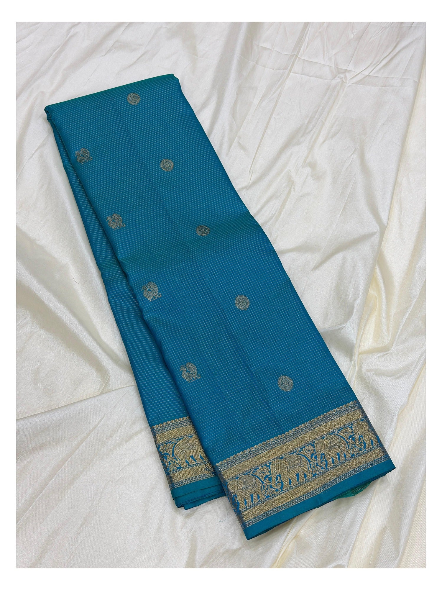 Handwoven Kanchipuram Silk Saree - Peacock Blue with Elephant Zari Border