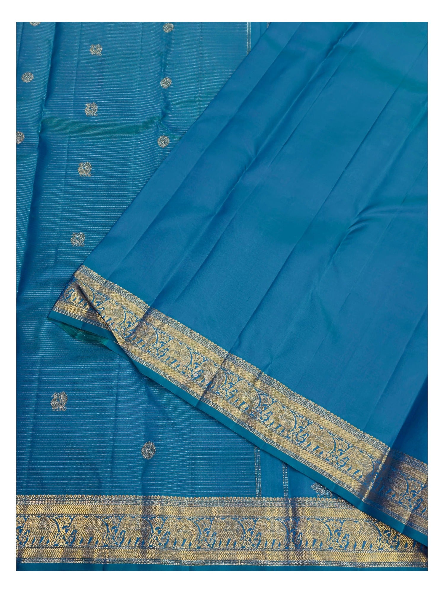 Handwoven Kanchipuram Silk Saree - Peacock Blue with Elephant Zari Border