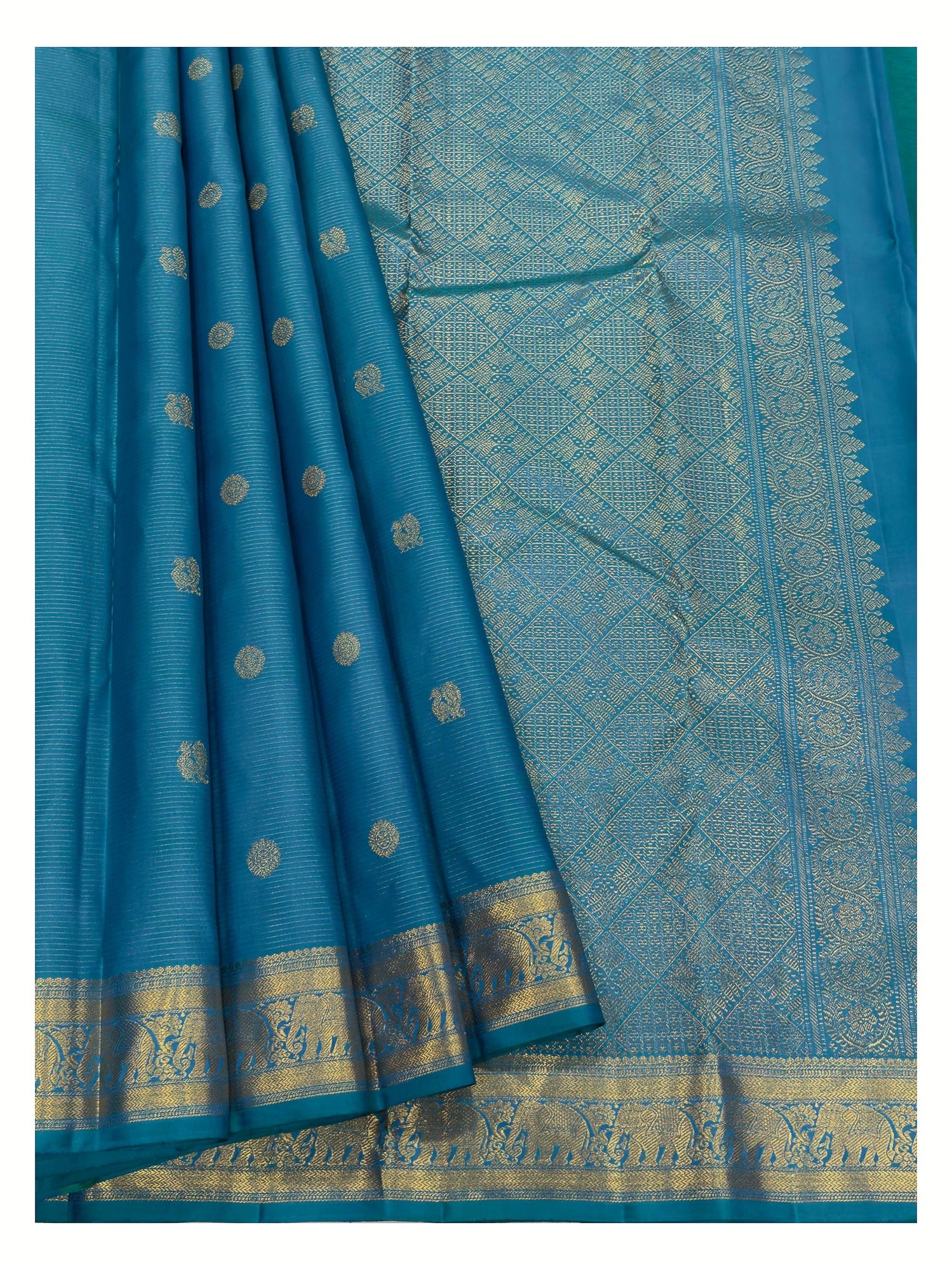 Handwoven Kanchipuram Silk Saree - Peacock Blue with Elephant Zari Border