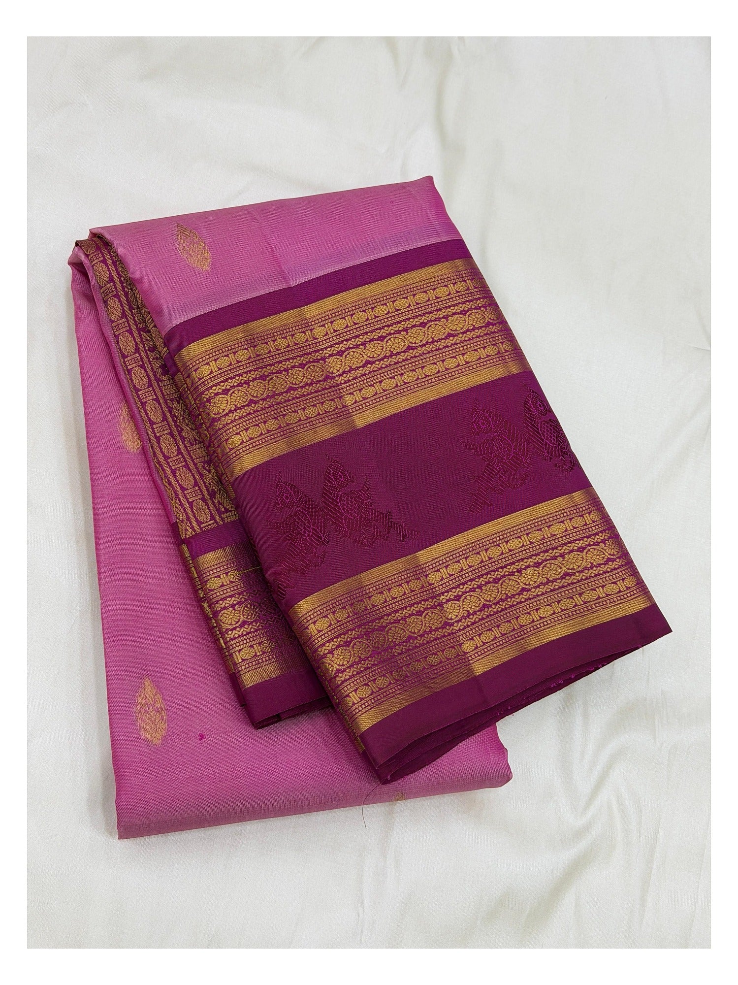 Handwoven Kanchipuram Silk Saree - Pink with Contrast Magenta Border front view