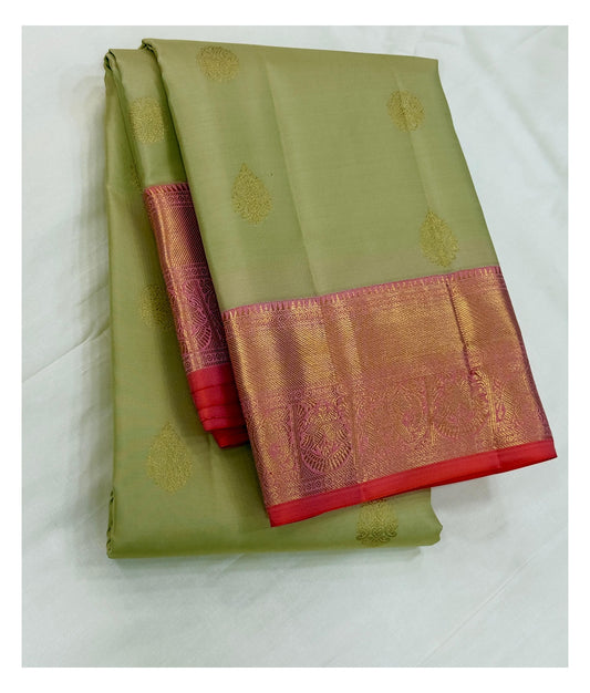 Handwoven Kanchipuram Silk Saree - Pista Green with Contrast Pink Border front view