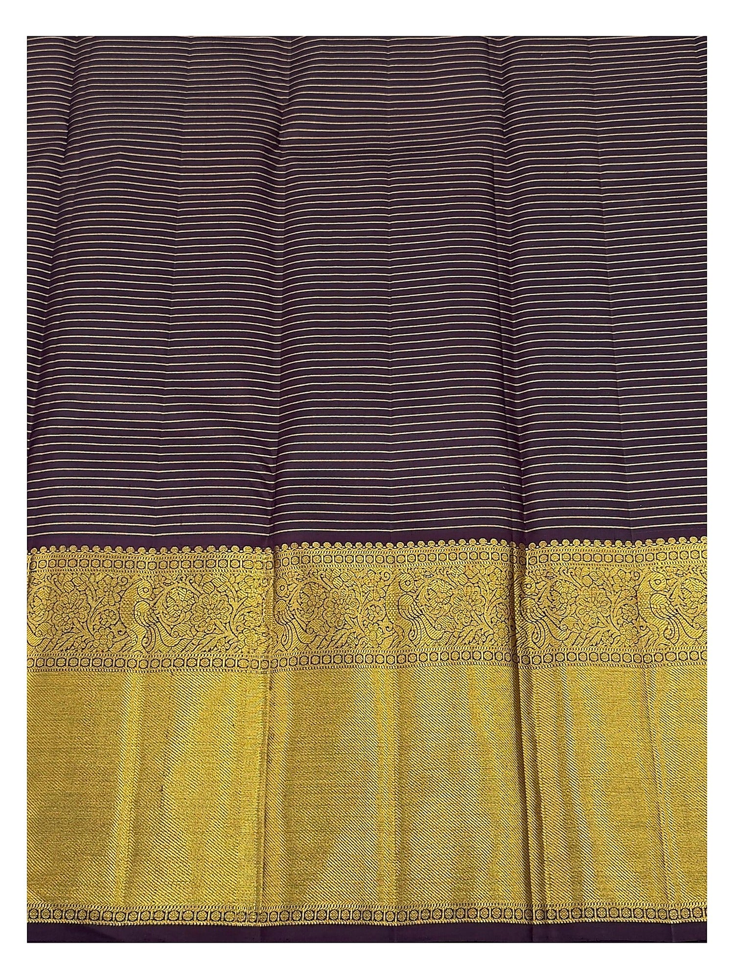 Handwoven Kanchipuram Silk Saree - Plum, Teal and Maroon with Broad Gold Border