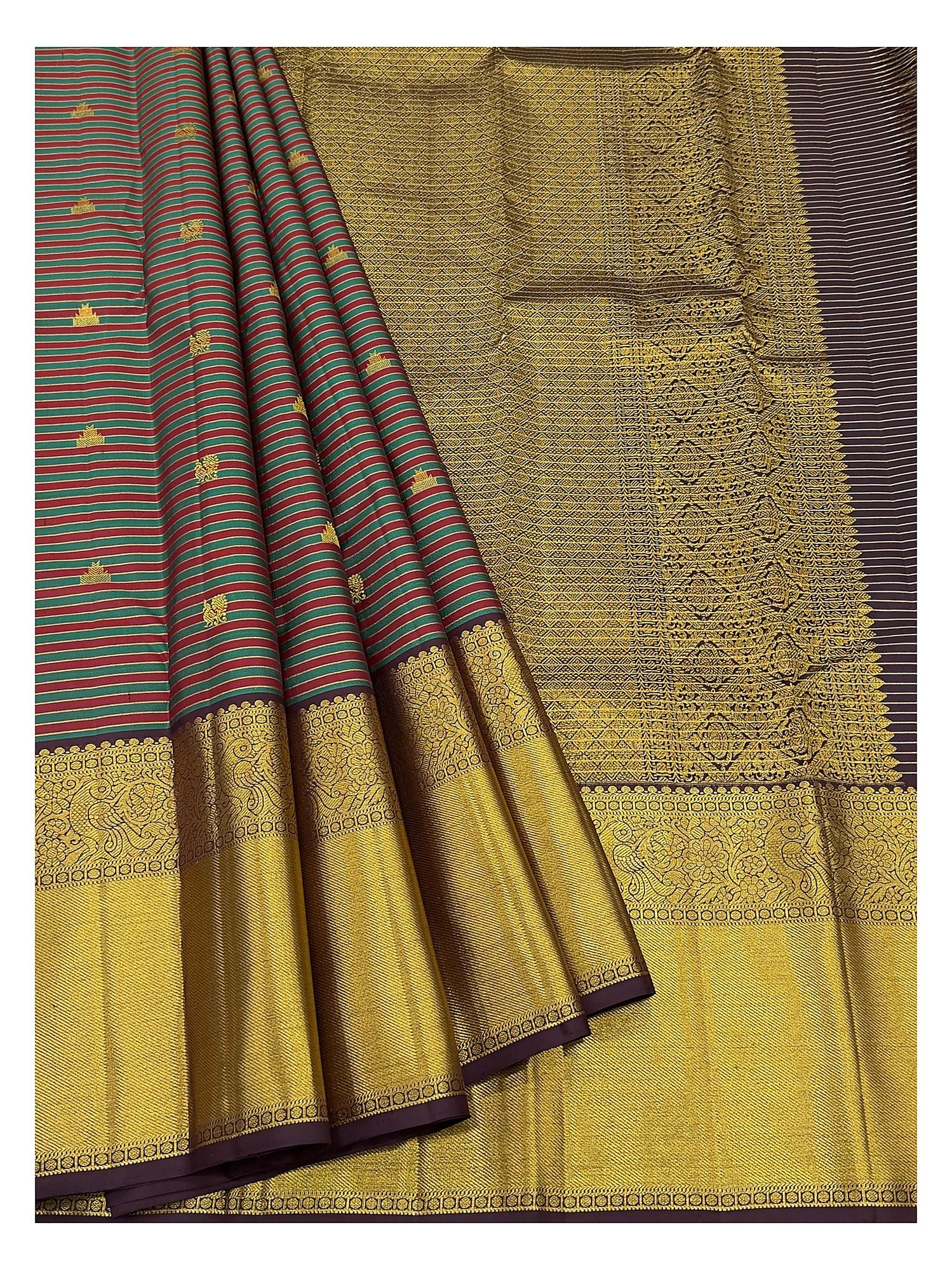 Handwoven Kanchipuram Silk Saree - Plum, Teal and Maroon with Broad Gold Border