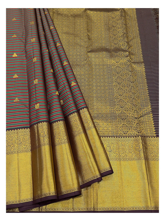 Handwoven Kanchipuram Silk Saree - Plum, Teal and Maroon with Broad Gold Border