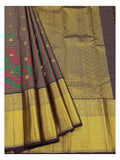 Handwoven Kanchipuram Silk Saree - Plum, Teal and Maroon with Broad Gold Border
