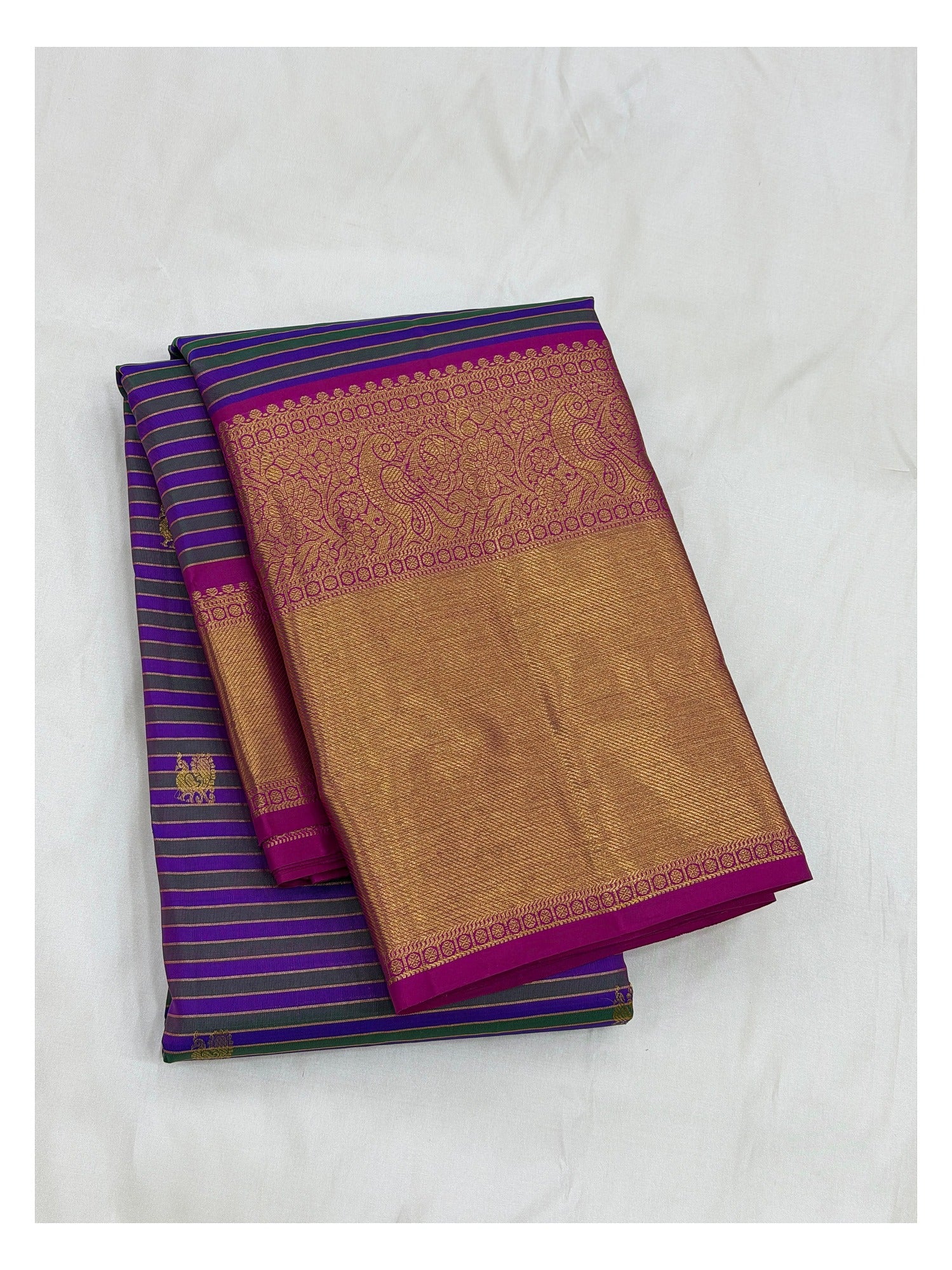 Handwoven Kanchipuram Silk Saree - Purple Stripe Body with Magenta and Gold-Toned Peacock Border front view
