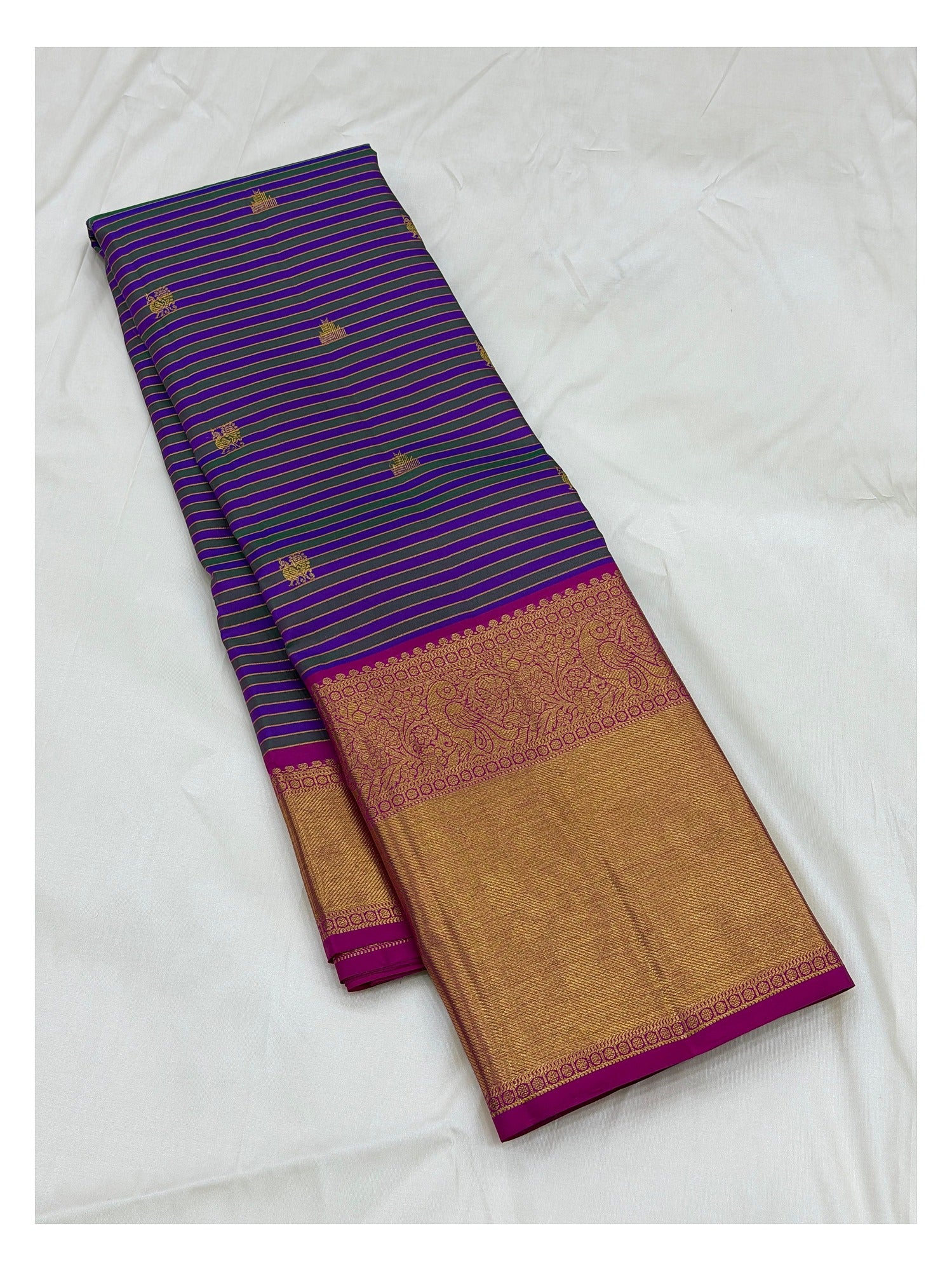Handwoven Kanchipuram Silk Saree - Purple Stripe Body with Magenta and Gold-Toned Peacock Border