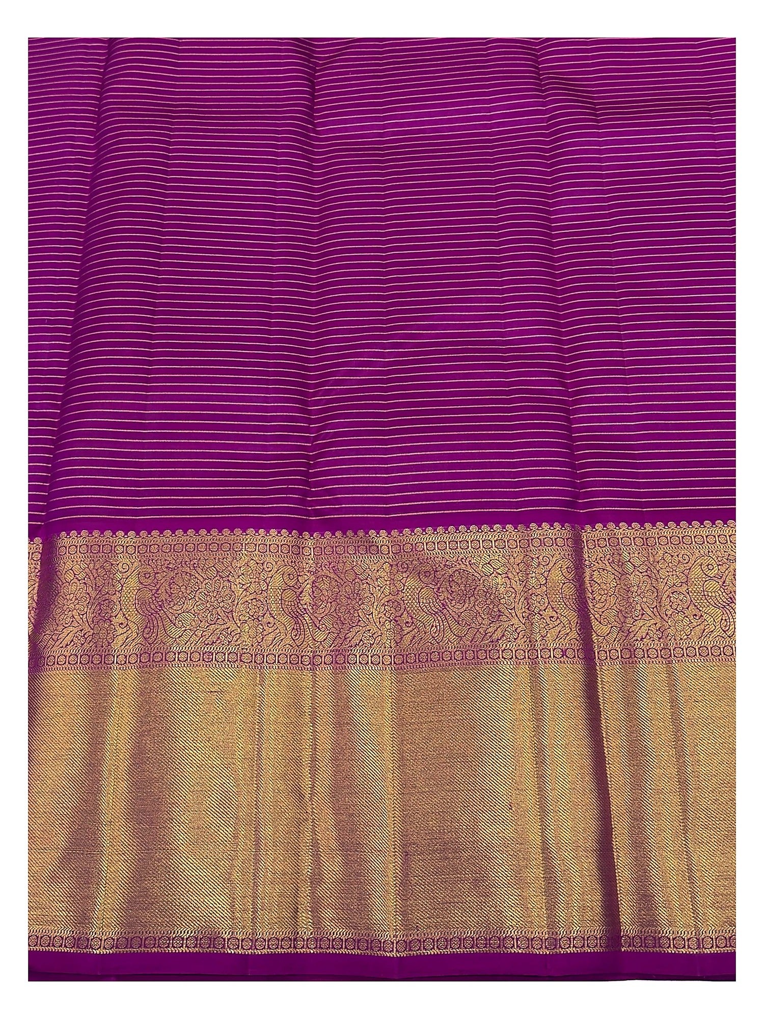Handwoven Kanchipuram Silk Saree - Purple Stripe Body with Magenta and Gold-Toned Peacock Border
