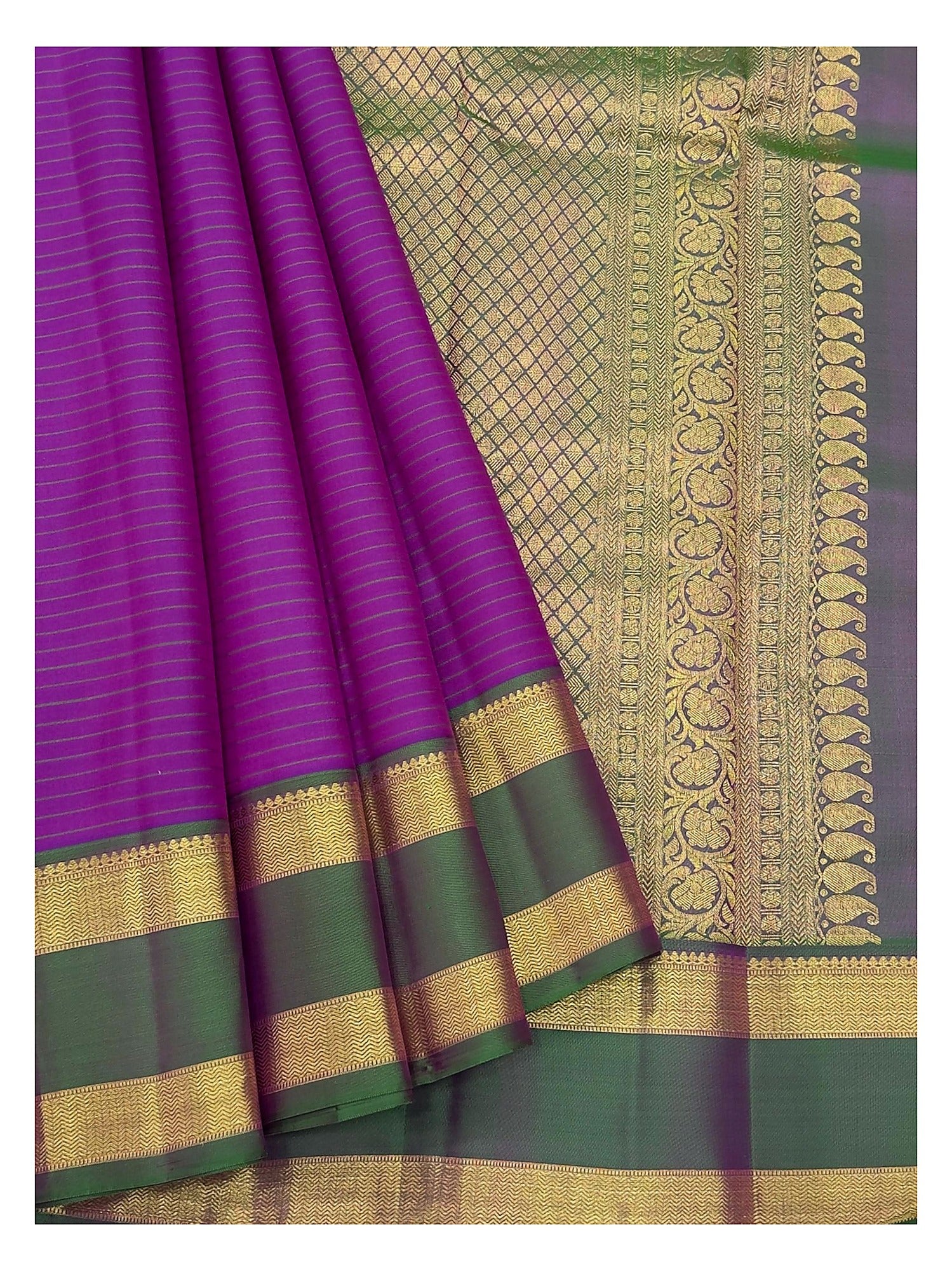 Handwoven Kanchipuram Silk Saree - Purple with Green Border and Gold Pallu front view