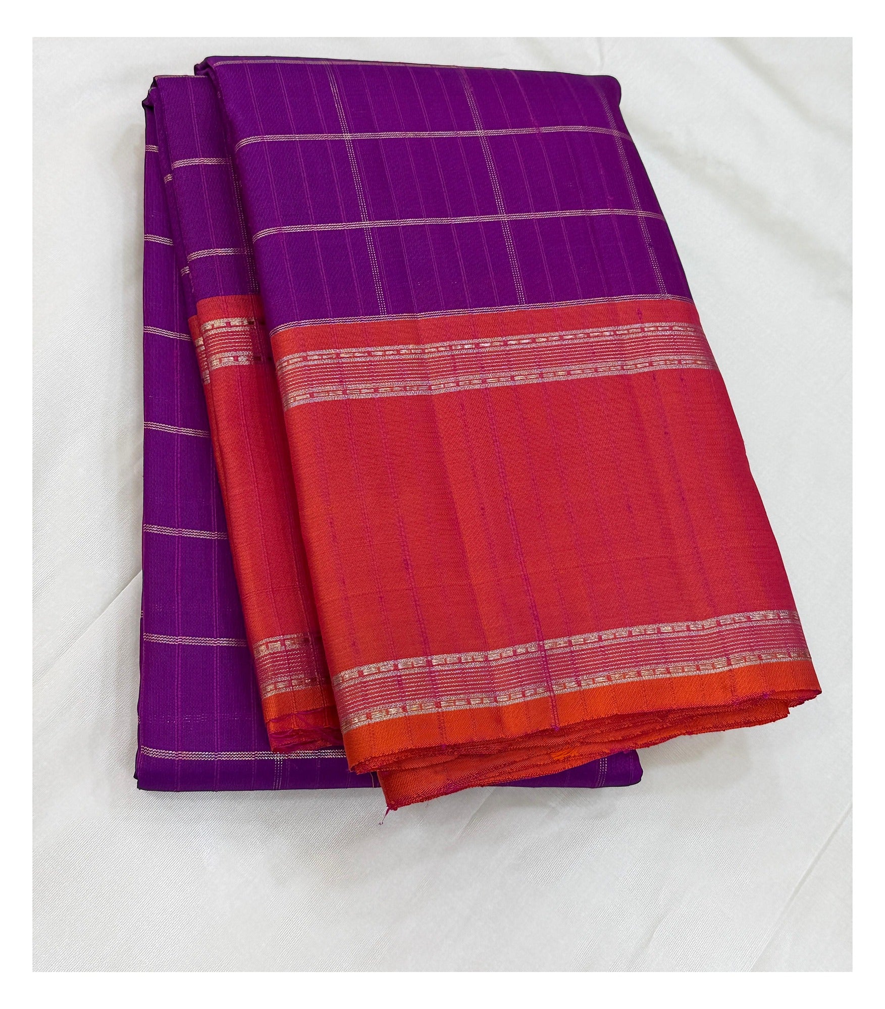 Handwoven Kanchipuram Silk Saree - Purple with Orange Contrast Border front view