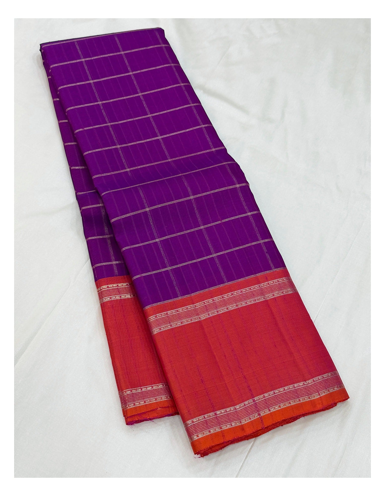 Handwoven Kanchipuram Silk Saree - Purple with Orange Contrast Border