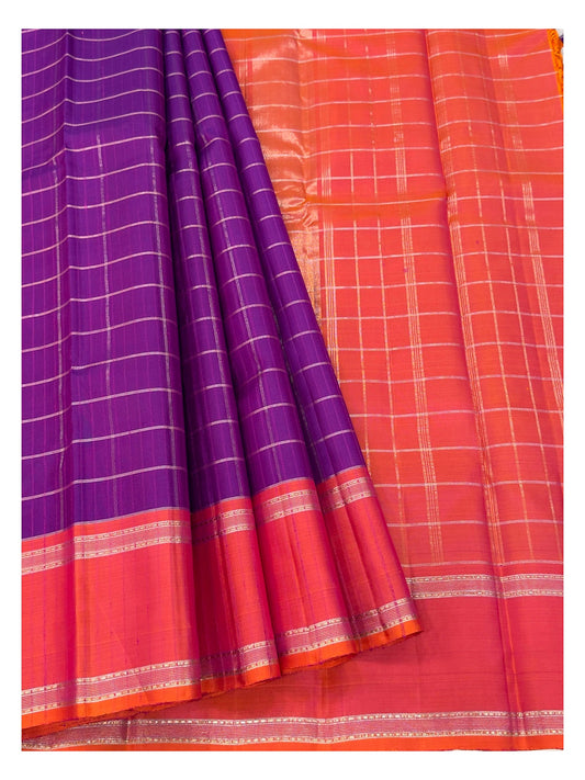 Handwoven Kanchipuram Silk Saree - Purple with Orange Contrast Border