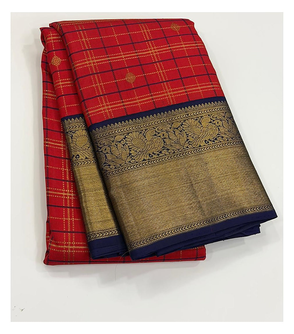Handwoven Kanchipuram Silk Saree - Red Checks with Navy Blue Pallu front view