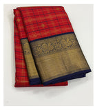 Handwoven Kanchipuram Silk Saree - Red Checks with Navy Blue Pallu front view