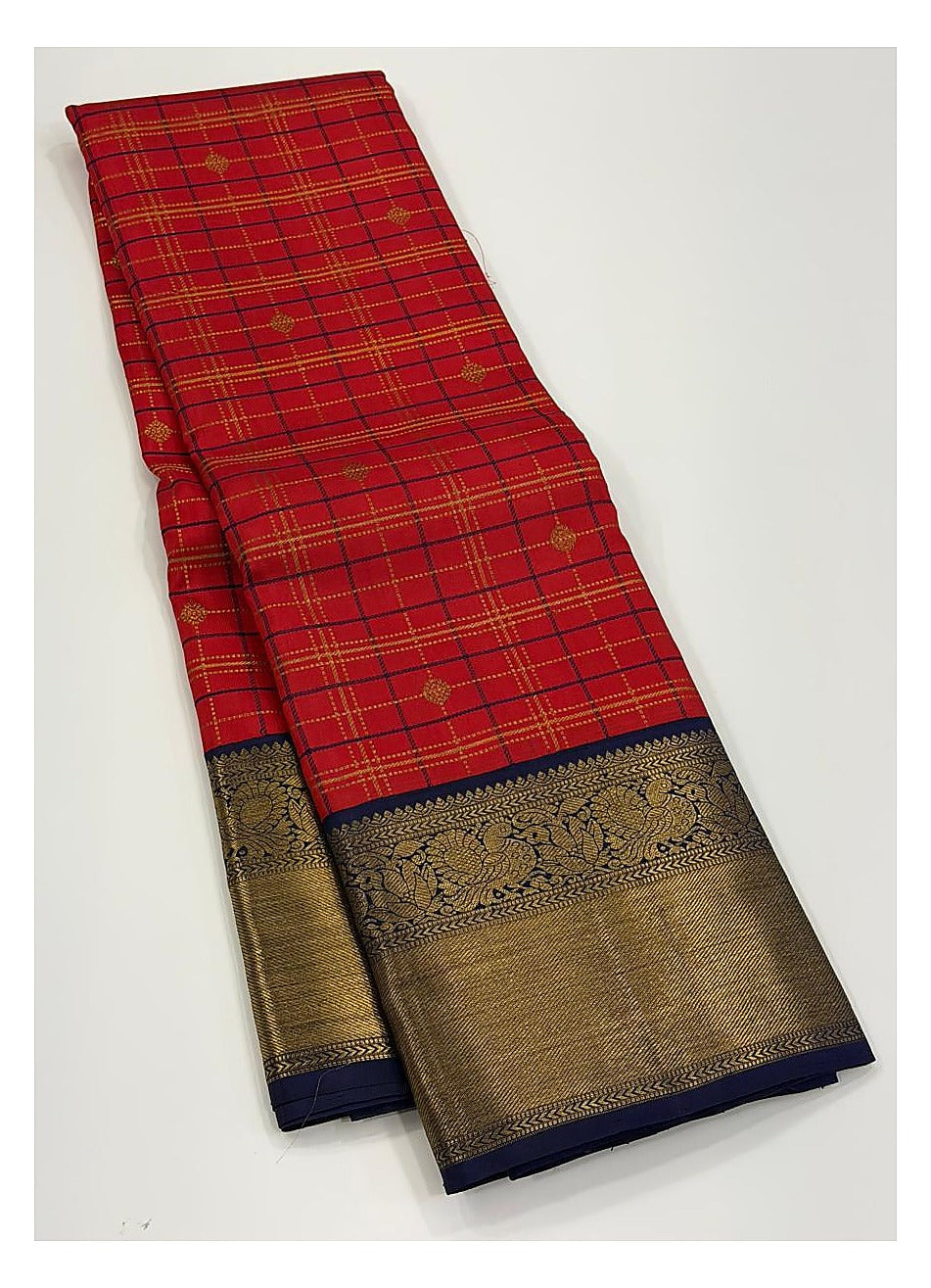 Handwoven Kanchipuram Silk Saree - Red Checks with Navy Blue Pallu