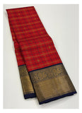 Handwoven Kanchipuram Silk Saree - Red Checks with Navy Blue Pallu