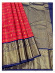 Handwoven Kanchipuram Silk Saree - Red Checks with Navy Blue Pallu