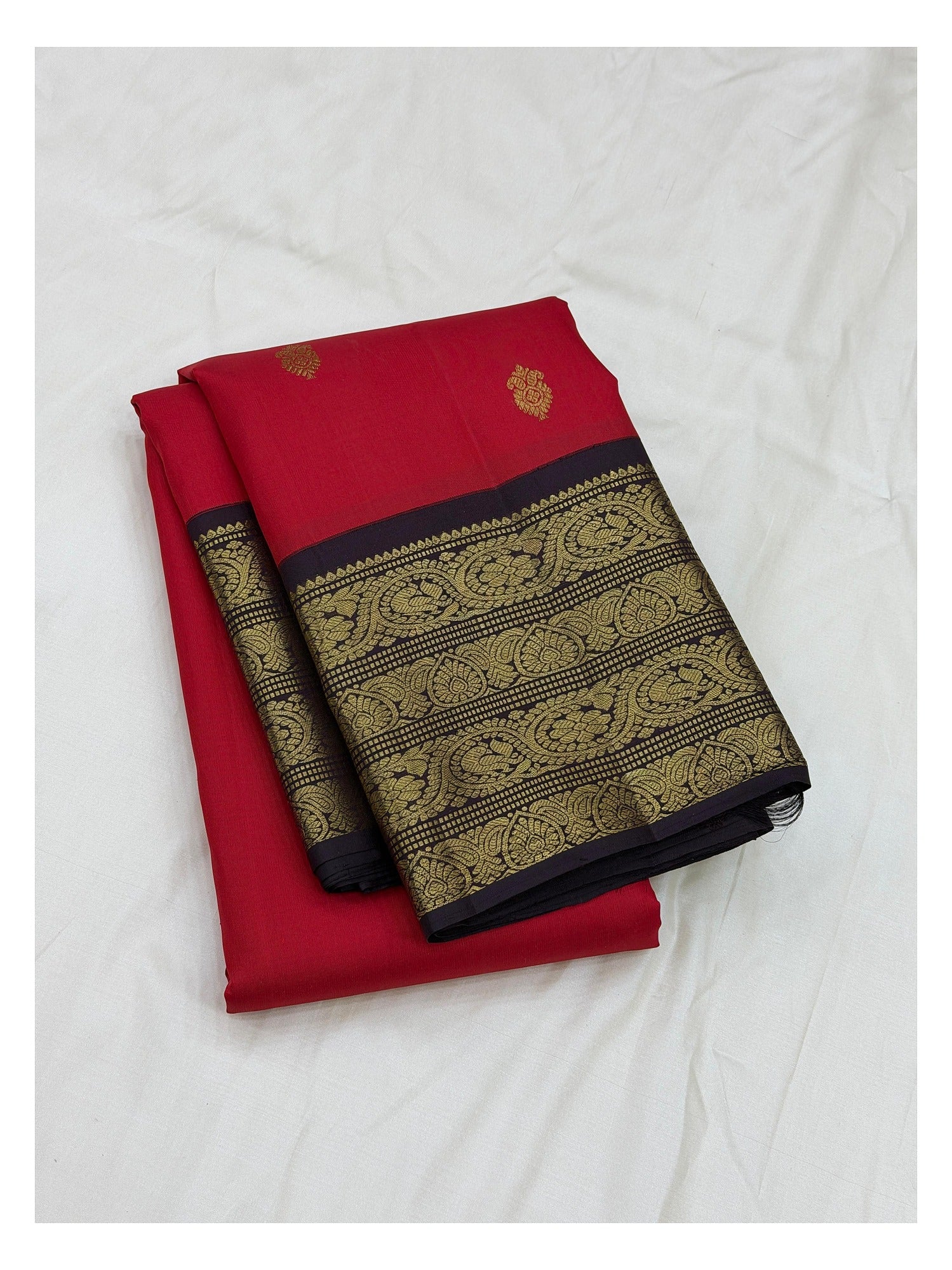 Handwoven Kanchipuram Silk Saree - Red with Black Contrast Border front view