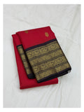 Handwoven Kanchipuram Silk Saree - Red with Black Contrast Border front view
