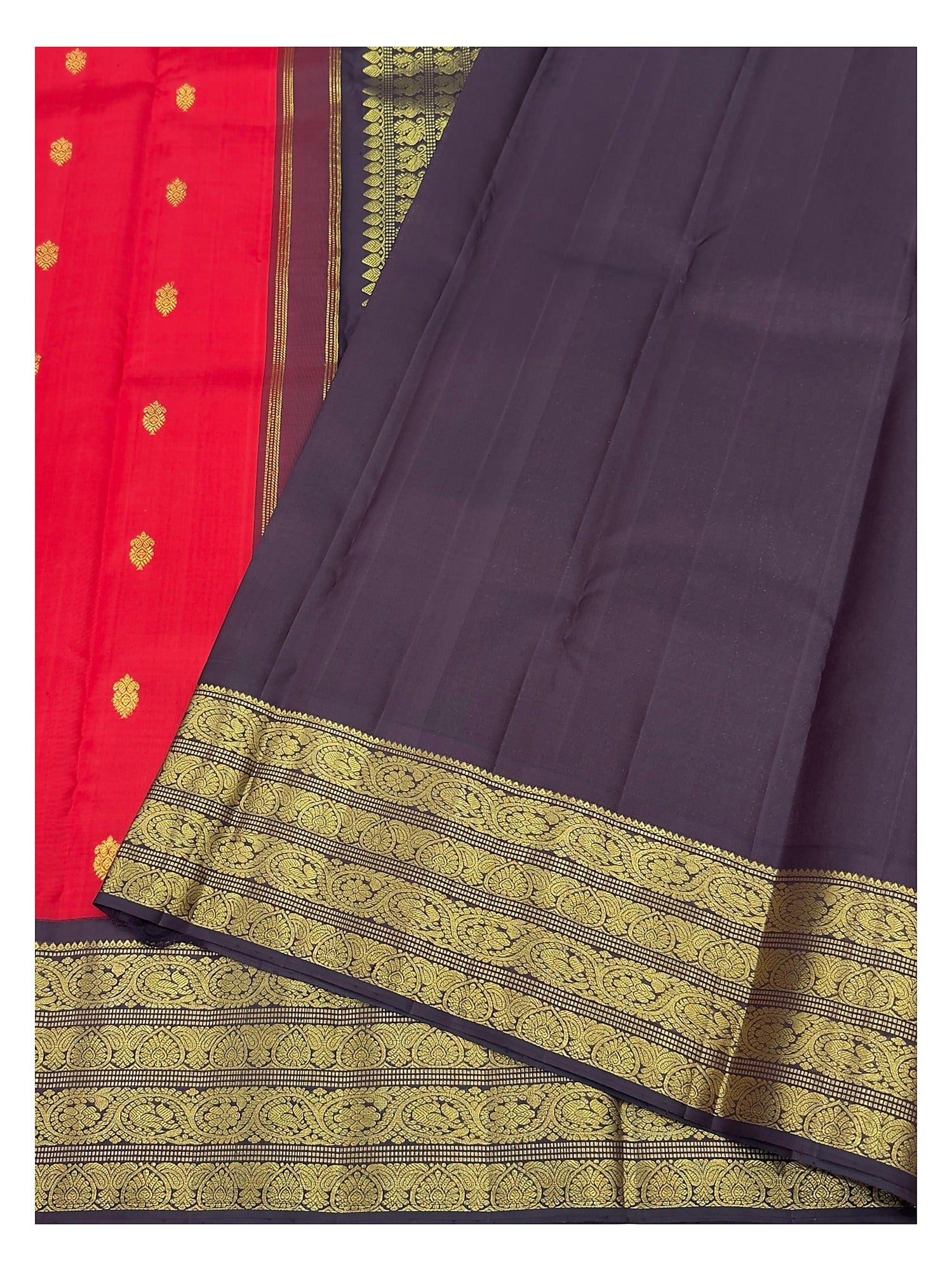 Handwoven Kanchipuram Silk Saree - Red with Black Contrast Border